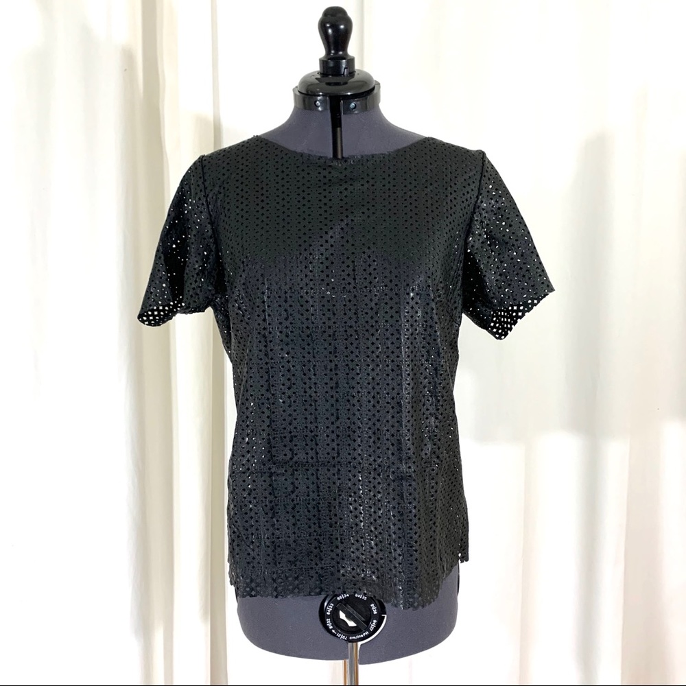 Black faux leather mesh crop top